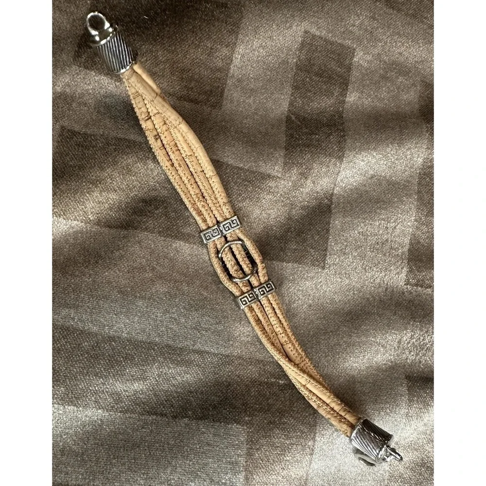 Artisan Portuguese Cork Multistrand Bracelet Greek Key Silvertone Medallion Boho